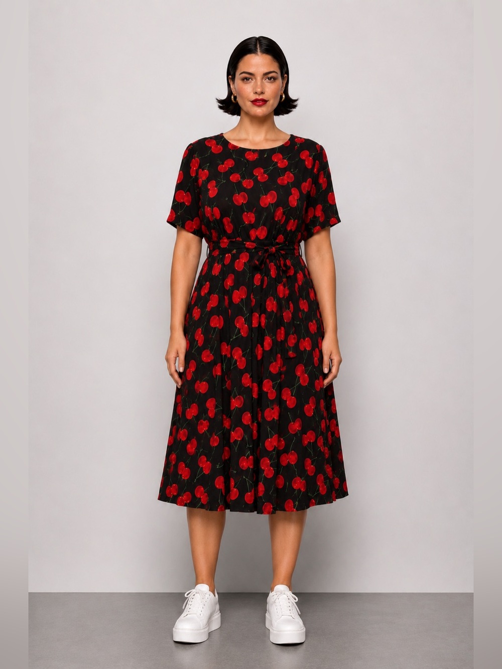 Red Cherry Print dress— Women's Elegant Tie-Waist. 42" bust. 16W - Picture 3 of 7